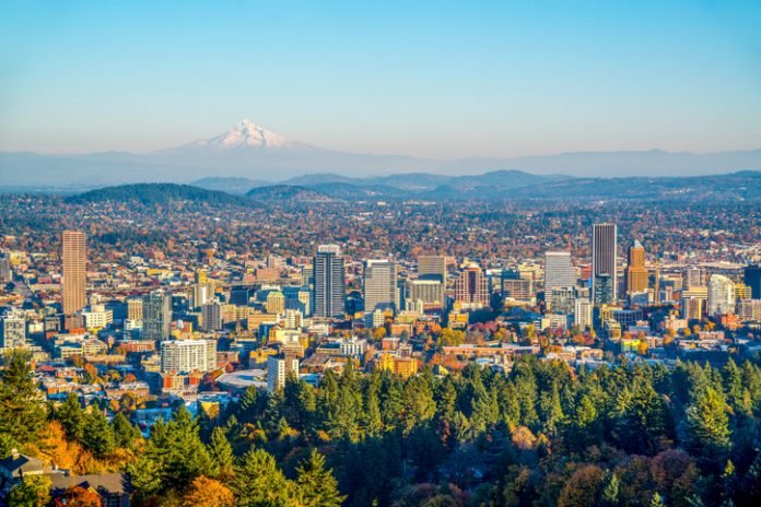 City of Portland, Oregon, and Mount Hood in Autumn