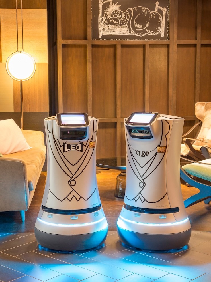 Hotel EMC2’s robots, Leo and Cleo, deliver amenities directly to guests’ rooms.