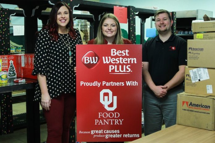 (From left) Linsey Kennedy, GM of Best Western Plus Norman, Lyssa Murray, former Front Office Manager of Best Western Plus Norman and now GM at Best Western Plus West Lawrence, and Matt Marks, Graduate Director of OU Food Bank