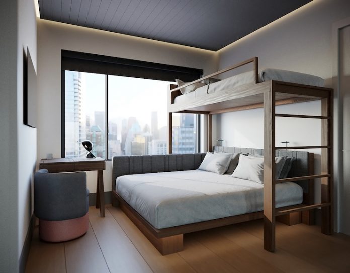 A rendering of Motto by Hilton's bunkbed room design