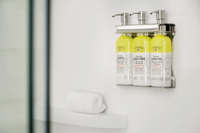 Bulk bathroom amenities in a Holiday Inn Express & Suites (Photographer: Corey Stovin)