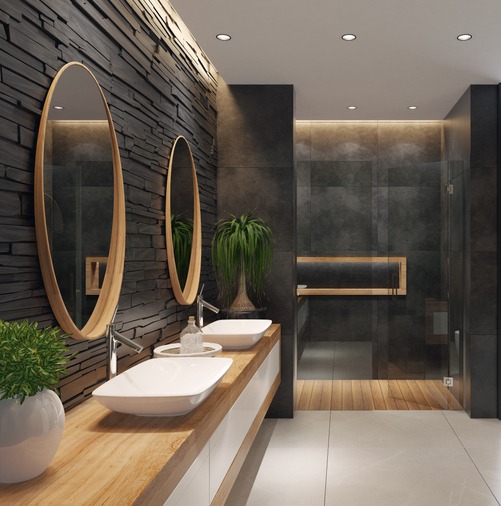 Luxurious Minimalist Bathroom With Slate Black Stone Wall Lodging