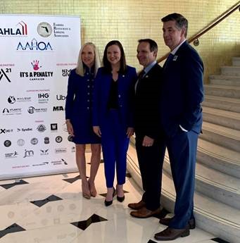AHLA Human Trafficking Campaign - (Left to right) Florida Restaurant & Lodging Association President and CEO Carol Dover, Attorney General Ashley Moody, Miami Super Bowl Host Committee Executive Director Ray Martinez, and AHLA President and CEO Chip Rogers