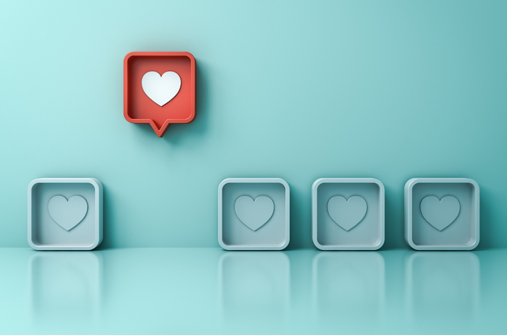 Stand out from the crowd and different creative idea concepts One red 3d  social media notification love like heart pin icon pop up from others on  light green pastel color wall background