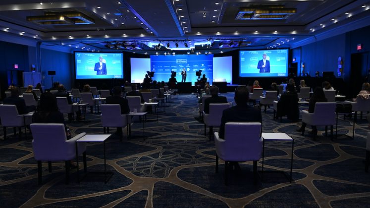 A room setup at Hilton McLean Tysons Corner for global Hilton Worldwide Sales hybrid event