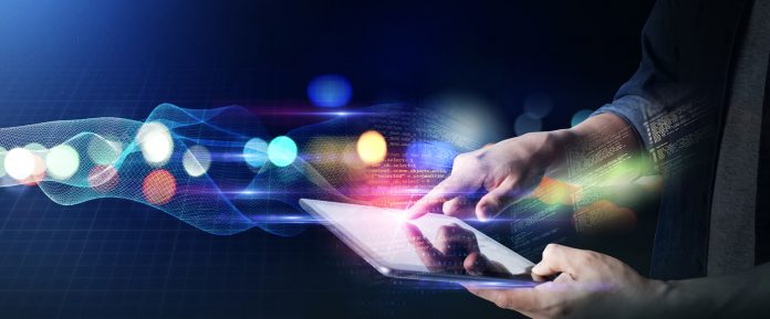 Man work from home lifestyle, digital marketing IOT internet of thing future AI technology smart device tablet system, man using tablet surfing internet with futuristic background Man using a tablet — technology concept