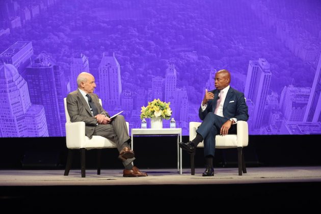 Conference Chair Jonathan M. Tisch, chairman and CEO of Loews Hotels & Co. and co-chairman of the board of Loews Corporation, interviewed New York City Mayor Eric Adams during the “Beyond the Boardroom,” panel of the 44th Annual NYU International Hospitality Investment Conference. Photo Credit: ©Hollenshead: Courtesy of NYU Photo Bureau