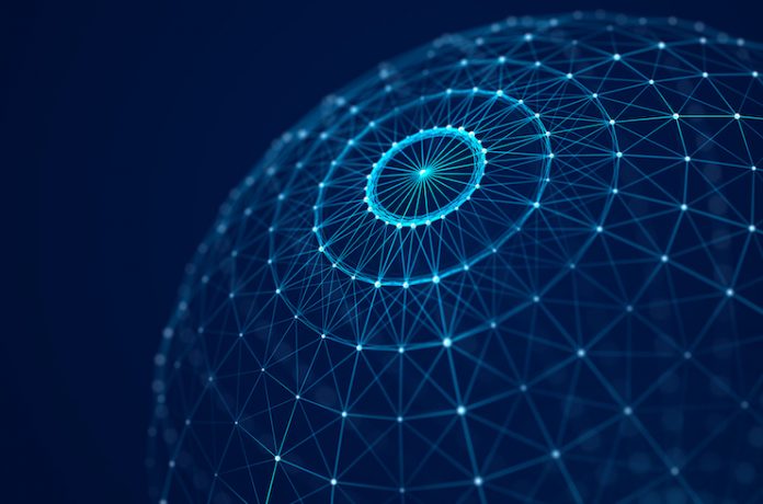 Technology blue sphere with connecting dots and liles. Digital abstract network structure. 3D rendering.