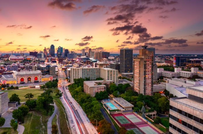 Aerial view of Kansas City skyline at dusk