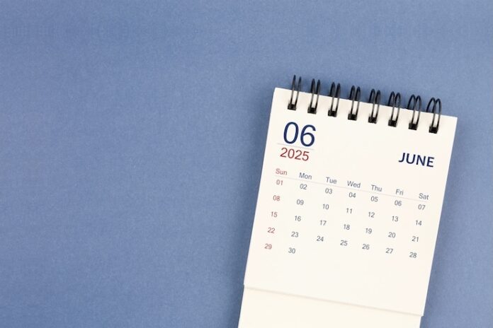 June 2025 Mini monthly desk calendar for 2025 year on blue color background.